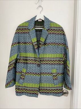 Amazing Morley Woven Pattern Single-Button Blazer in Blue & Lime